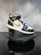Jordan 1 Mid Patent Black White Gold