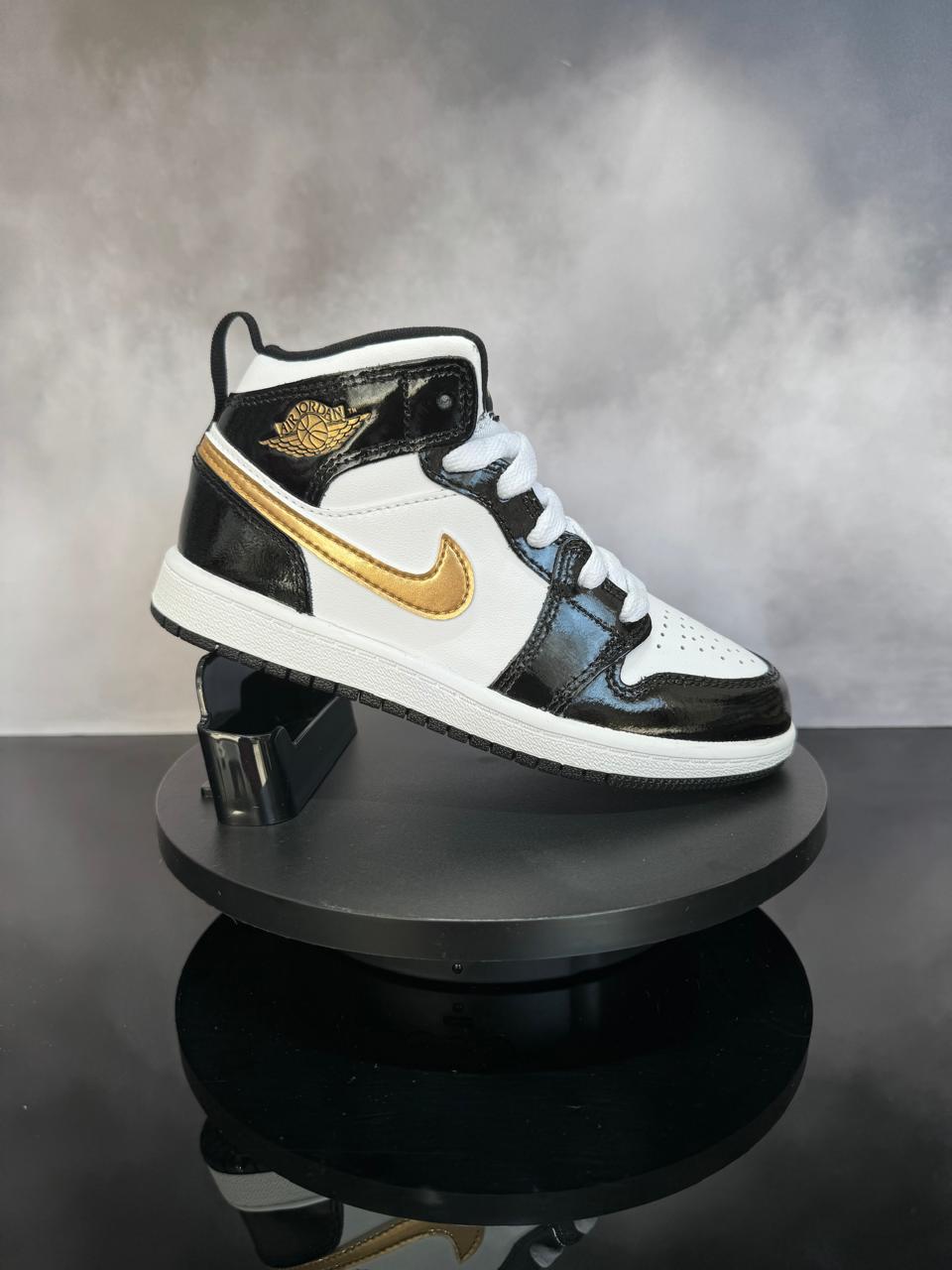 Jordan 1 Mid Patent Black White Gold