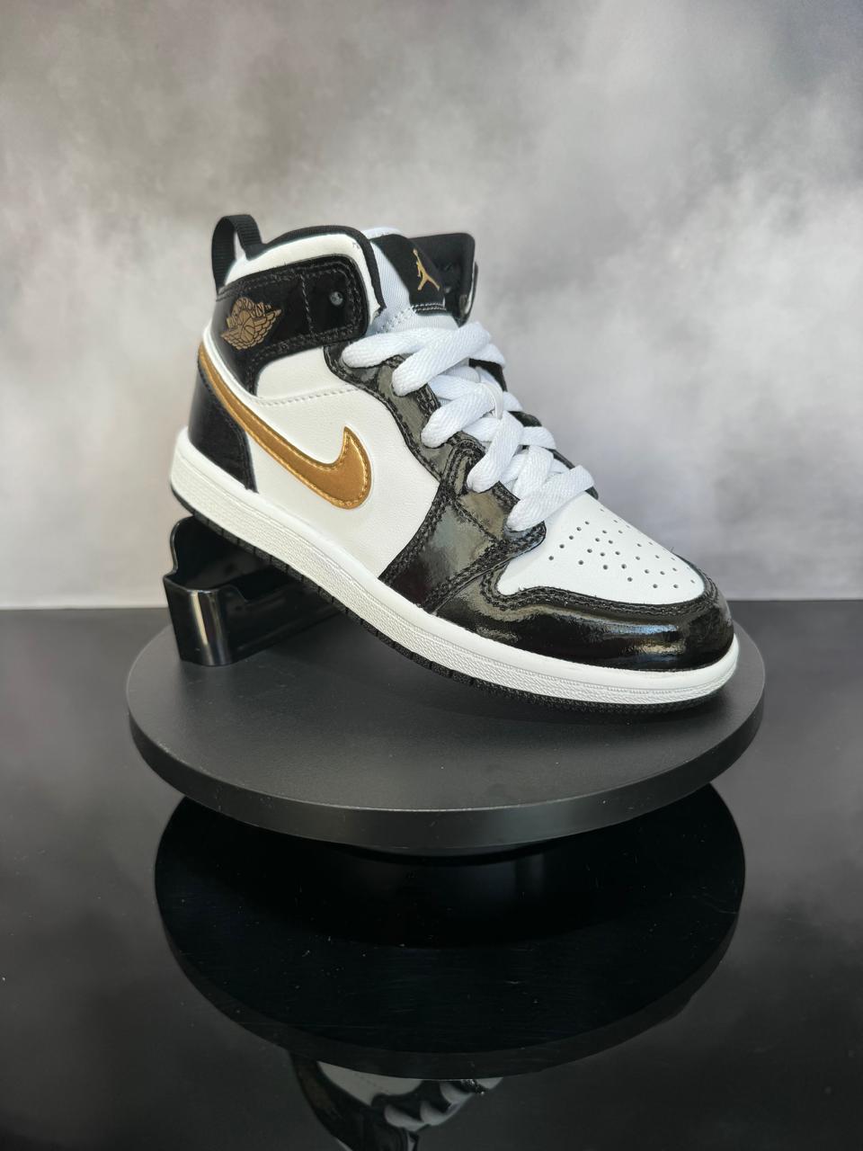 Jordan 1 Mid Patent Black White Gold